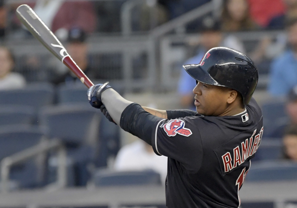 Cleveland's Jose Ramirez homers in the first inning of the Indians' 6-2 win over the New York Yankees on Monday in New York. Ramirez also homered in the sixth inning.
