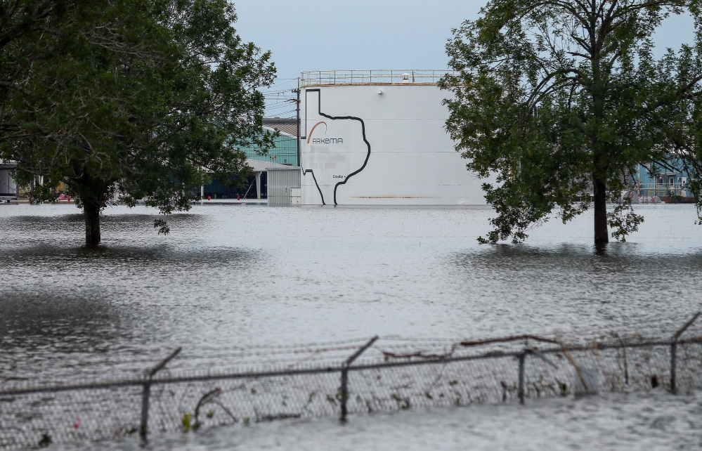The flooded Arkema Inc. chemical plant in Crosby, Texas, seen Wednesday, lost power and its backup generators because of Harvey's rains, and had no refrigeration for chemicals that become volatile as the temperature rises.