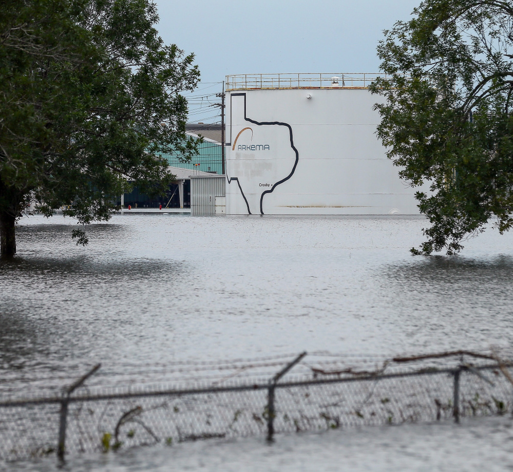 The Arkema Inc. chemical plant is flooded from Tropical Storm Harvey in Crosby, Texas. The plant lost power and its backup generators amid Harvey's dayslong deluge, leaving it without refrigeration for volatile chemicals.