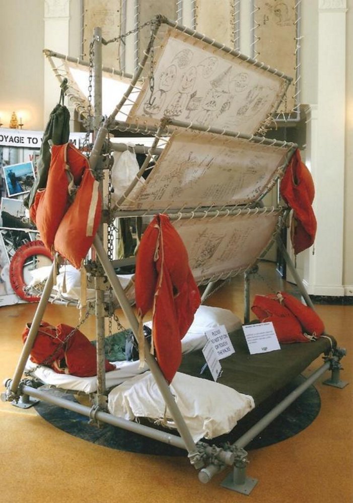 An original 8-man berthing unit, complete with original sheets, pillows and life vests, that was removed from troopship General Nelson M. Walker, which was used in the 1960s to transport troops to Vietnam.