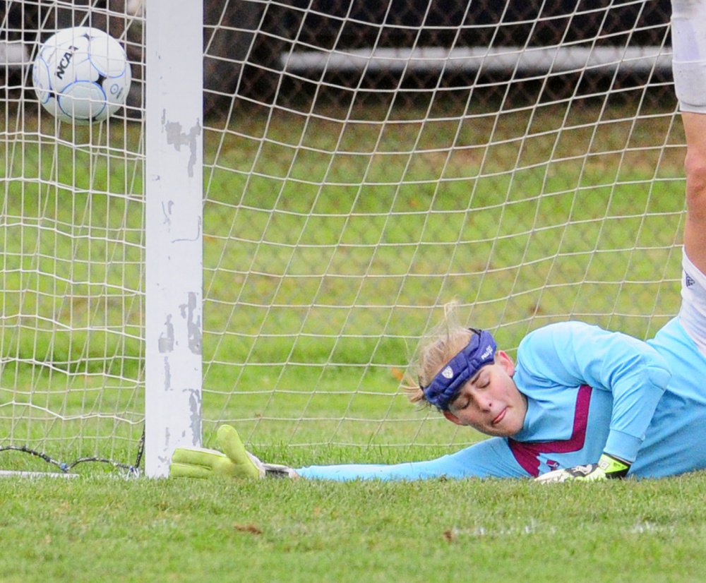 Gardiner Area High School student Tabytha Hembree, 16, shown here playing goalie in a soccer game in September 2016, was seriously injured Thursday when the vehicle she was driving was hit by a dump truck on Route 27 in Pittston. The girl and her brother Alexander, 12, were on their way to school and were both taken to Maine Medical Center in Portland.