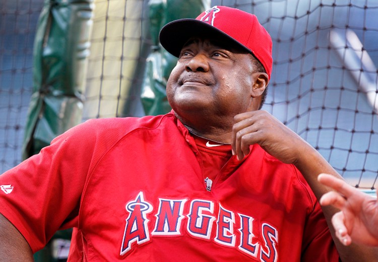 Batting coach Don Baylor gazes into the stands during batting practice before a Los Angeles Angels game against the Detroit Tigers in Anaheim, Calif., on May 30, 2015.