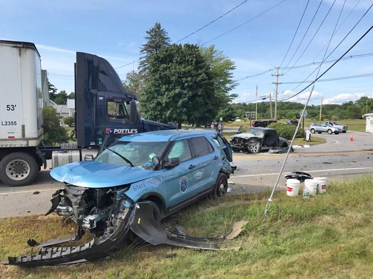 A Maine State Police cruiser was heavily damaged Monday in a crash in Casco at the intersection of routes 121 and 11. The trooper was responding to a reported burglary in Brownfield.