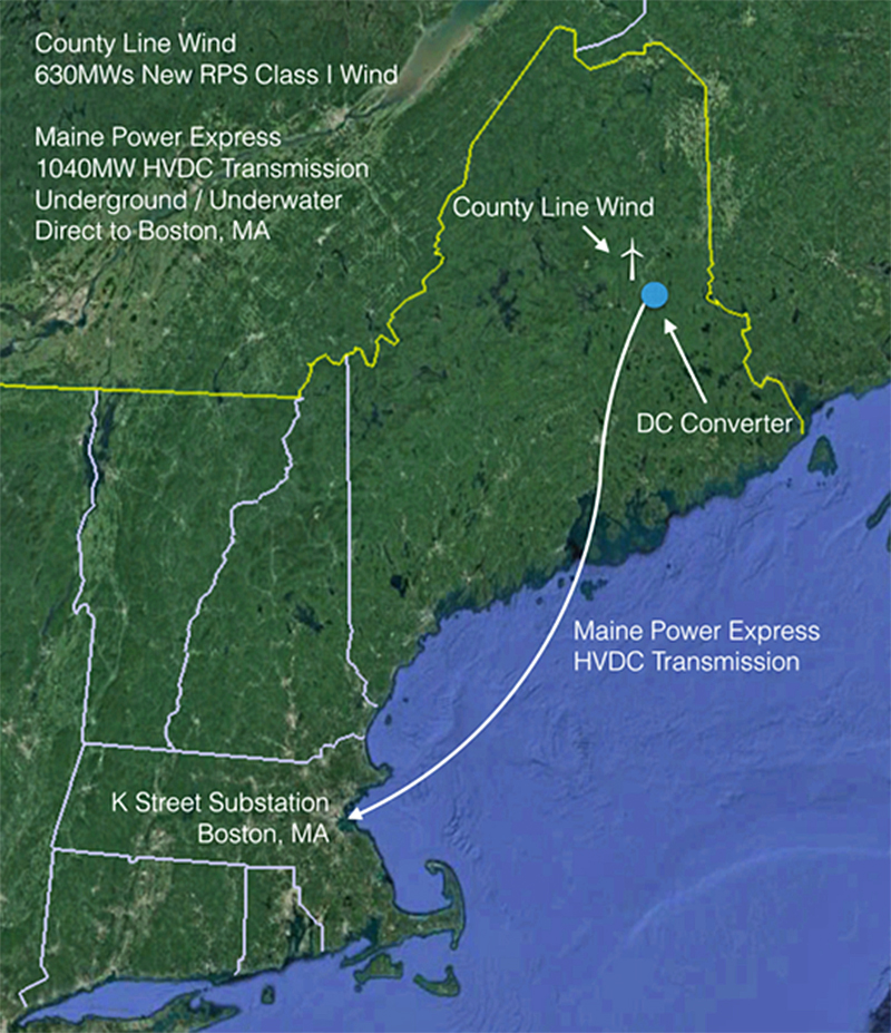 Con Edison's proposed transmission line would carry wind-generated electricity from Aroostook and Penobscot counties through existing corridors underground and underwater to Boston.