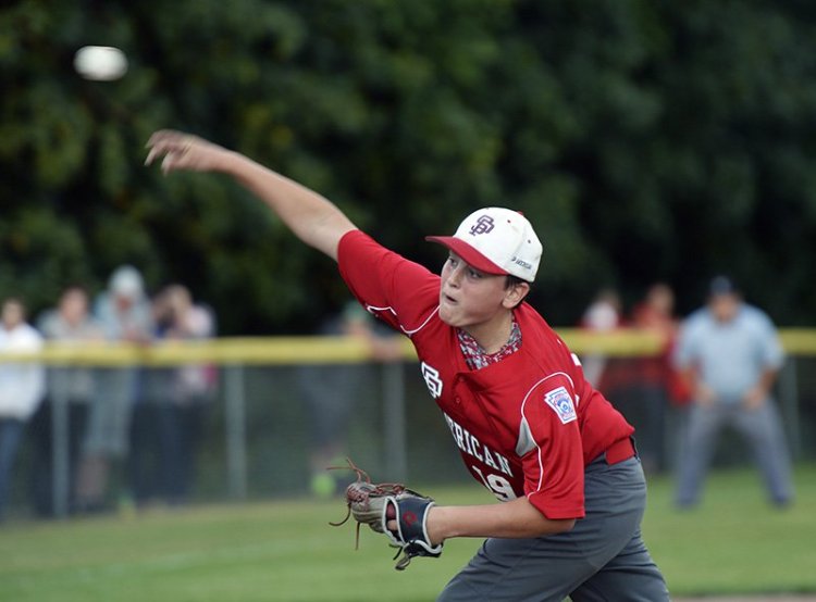Nolan Hobbs of South Portland, shown pitching against Lewiston in the  state championship game in July, hit a three-run homer Thursday at the New England Little League baseball regional in Bristol, Conn.