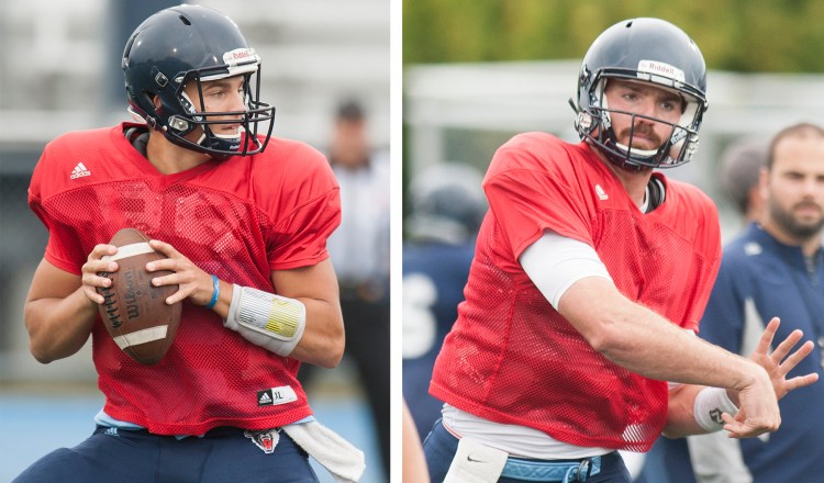 Chris Ferguson, left, and Max Staver are two of the four UMaine quarterbacks who are competing for the starting position as the Black Bears prepare for their season opener on Aug. 31 against New Hampshire.