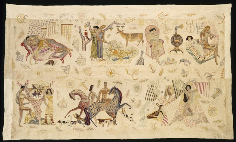 Embroidered panel (joined side panels from bedspread), by Marguerite Zorach, 1925-28, polychrome wool embroidered on linen, 53  by 91  inches, Museum of Fine Arts, Boston.