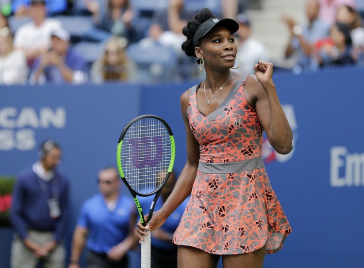 Venus Williams celebrates her win Friday over Maria Sakkari in the third round of the U.S. Open. Williams also became an aunt Friday when her sister, Serena, gave birth to a girl.