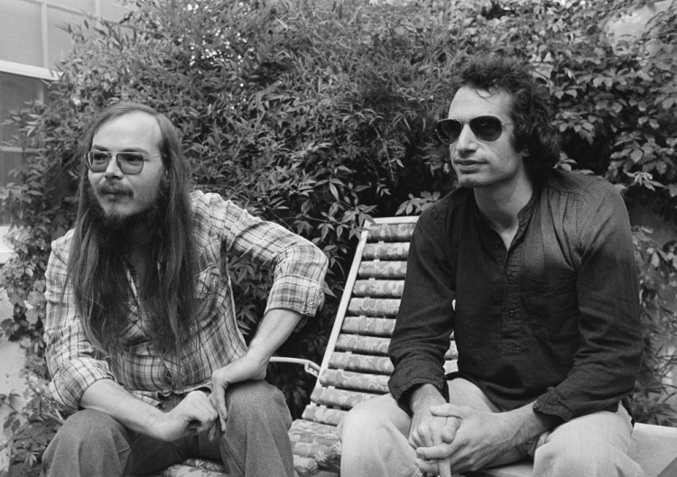 Walter Becker, left, and Donald Fagen of Steely Dan, sit in Los Angeles. Becker, the guitarist, bassist and co-founder of the rock group Steely Dan, has died. He was 67.