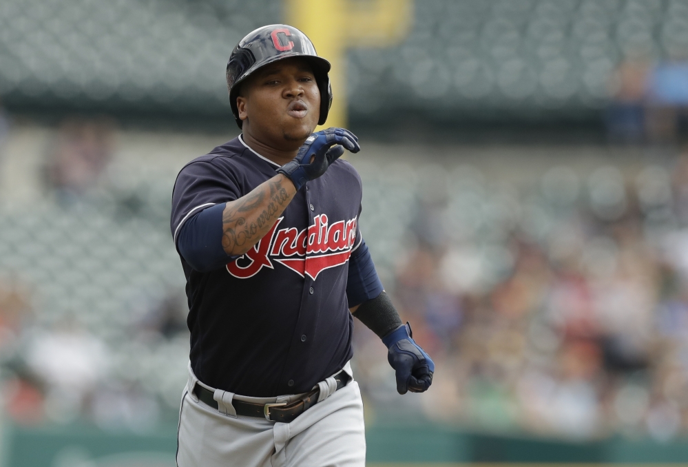 Cleveland Indians' Jose Ramirez rounds the bases after a solo home run during the first inning of a baseball game against the Detroit Tigers, Sunday, Sept. 3, 2017, in Detroit. (AP Photo/Carlos Osorio)