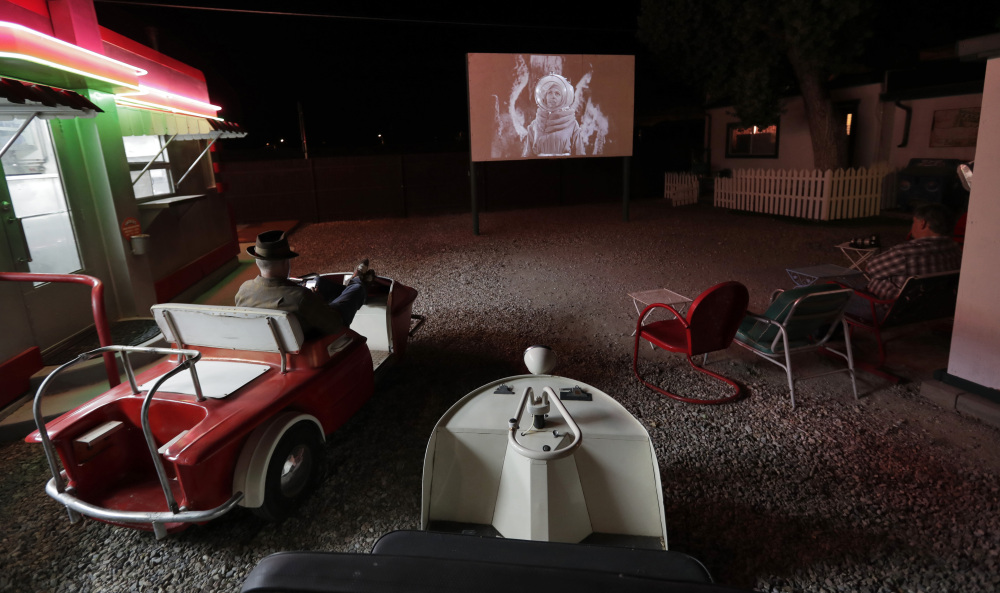 The 1953 movie "Cat Women of the Moon" is shown on the big screen at the Shady Dell trailer court. Movies and ads from the 1950s are shown nightly adjacent to the snack bar, with vintage golf carts and automobiles used for seating.