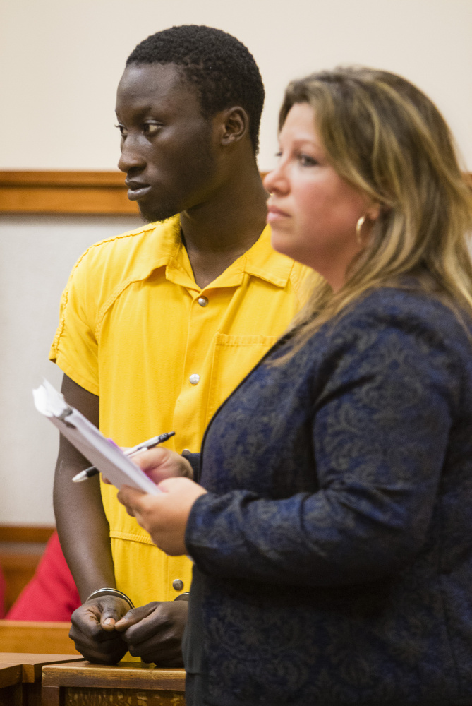 Abdul Rahman Timbo of Virginia appears, with his court appointed attorney Temma Donahue, in Cumberland County Superior Court Tuesday, on charges of attempted murder and reckless conduct with a firearm for an incident Sunday at a Forest Avenue car wash.