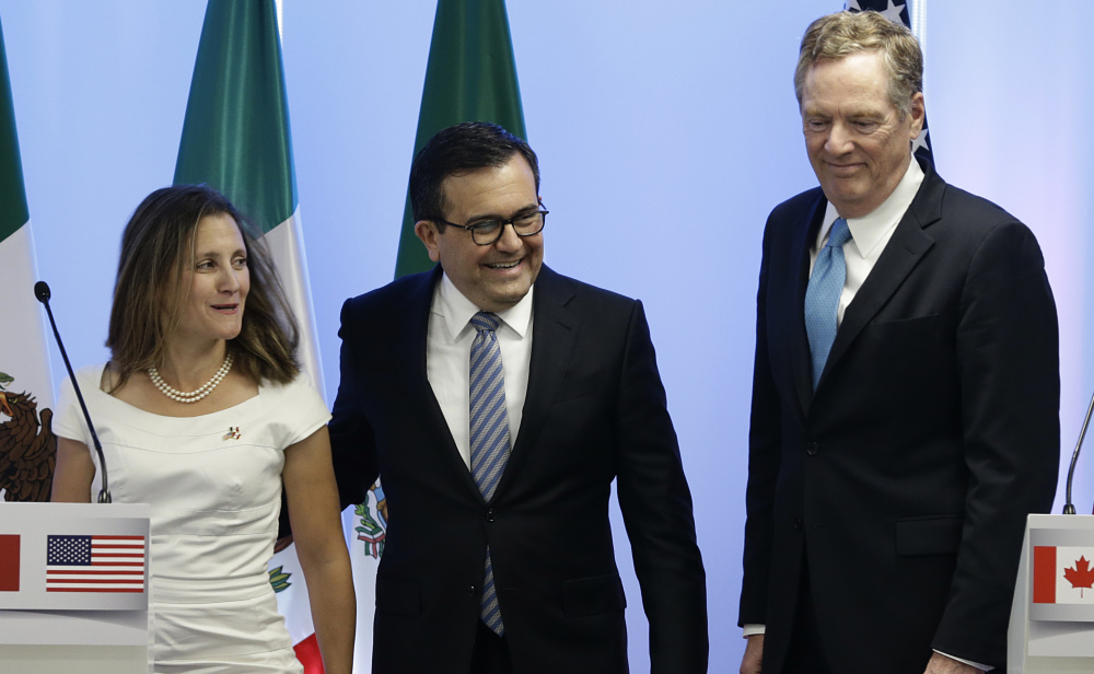 Canadian Foreign Affairs Minister Chrystia Freeland, Mexico's Economy Secretary Ildefonso Guajardo and U.S. Trade Representative Robert E. Lighthizer address the media.