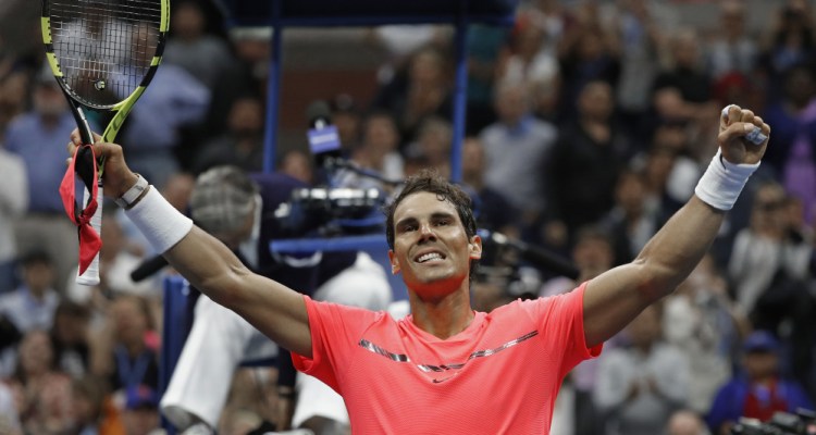Rafael Nadal celebrates after beating Andrey Rublev in the quarterfinals of the U.S. Open on Wednesday. Nadal will play the winner of Wednesday's late match between Roger Federer and Juan Martin del Potro in the semifinals.
