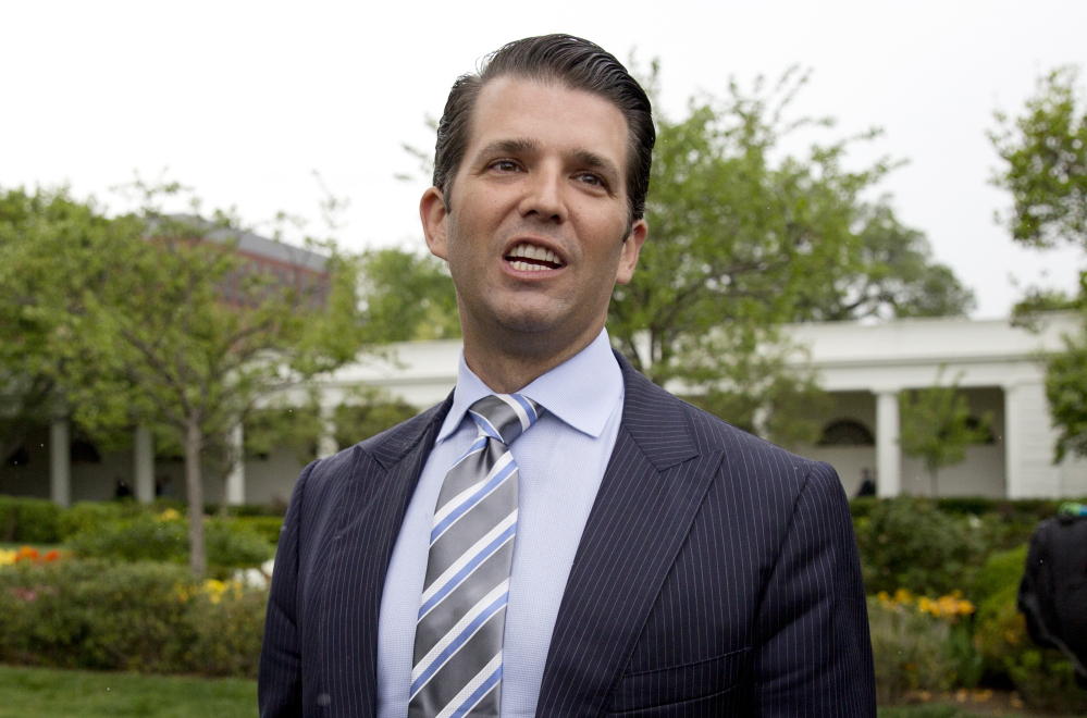 Donald Trump Jr. speaks to media on the South Lawn of the White House in Washington in April.
