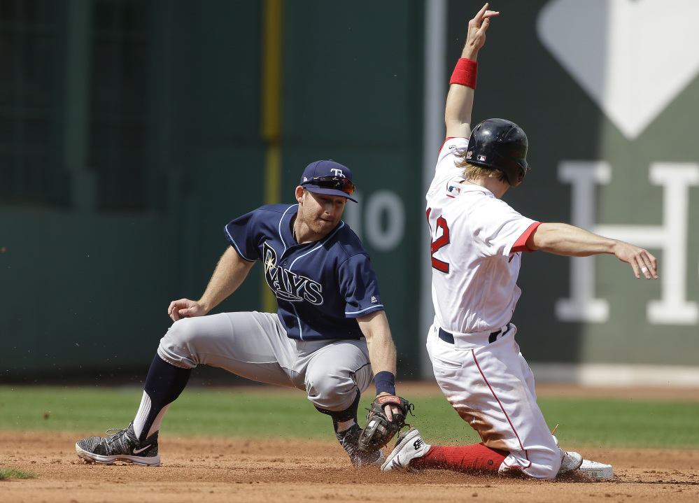 Tampa Bay's Brad Miller, left, tries to tag Boston's Brock Holt, right, as Holt steals second base in the second inning of the Red Sox' 4-1 loss Sunday in Boston.