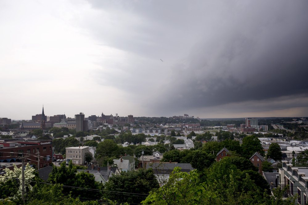 PORTLAND, ME - JUNE 19: Storm clouds roll in over Portland seen from Fort Sumner park. (Staff photo by Brianna Soukup/Staff Photographer)