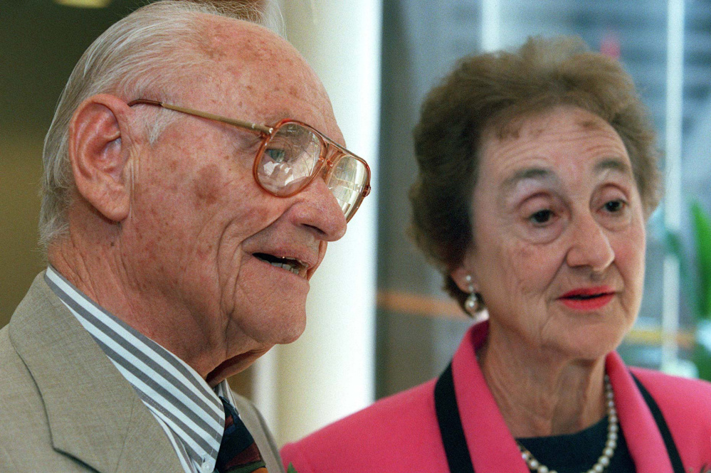 "This is really a love story for the ages" is how son Michael describes the marriage of the late Kurt and Sonja Messerschmidt, shown at an annual meeting of the Holocaust Human Rights Center of Maine in 1999.