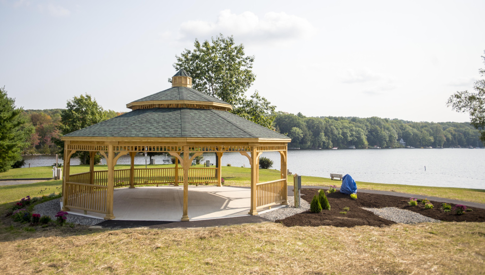 The new town gazebo at the boat landing at Messalonskee Lake in Oakland was scheduled for dedication Saturday.
evening.