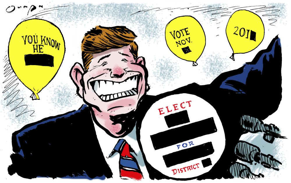 This 2017 illustration by Jack Ohman with The Sacramento Bee shows a political candidate with redacted signs, created to address public records access issues. (Jack Ohman/The Sacramento Bee via AP)