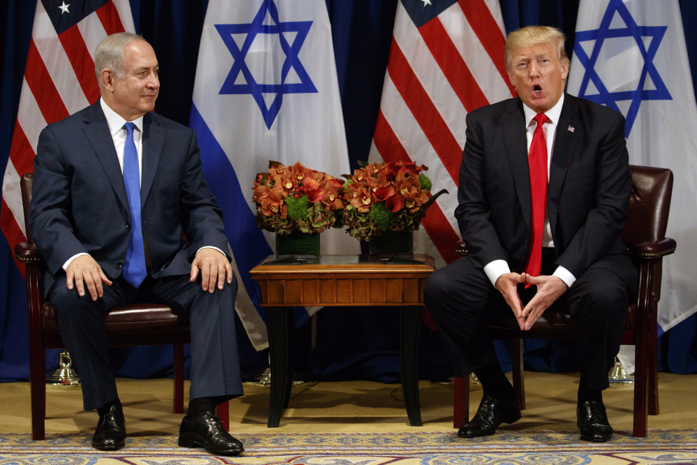 President Trump speaks during a meeting with Israeli Prime Minister Benjamin Netanyahu at the Palace Hotel during the United Nations General Assembly on Monday in New York.
