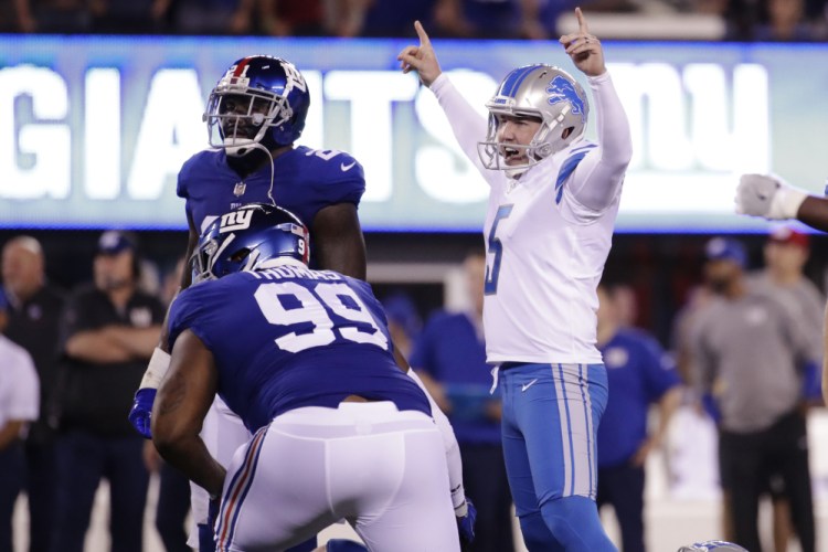 Lions kicker Matt Prater celebrates after kicking a field goal in the first half of Detroit's win over the New York Giants on Monday night in East Rutherford, N.J.