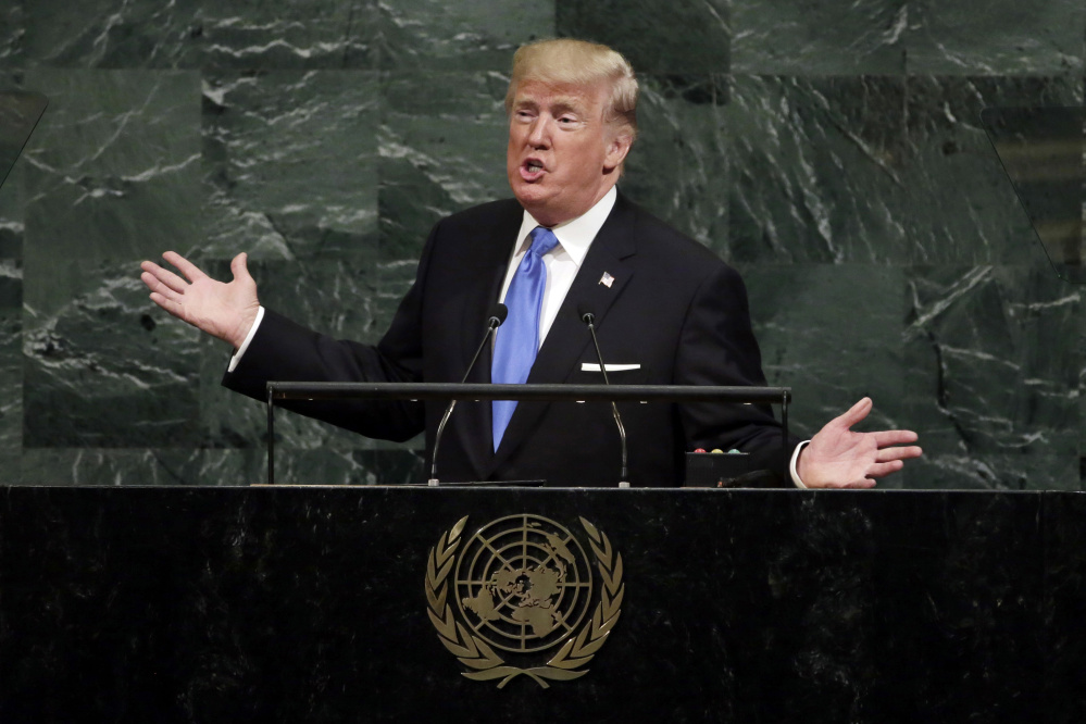 President Trump addresses the 72nd session of the United Nations General Assembly, at U.N. headquarters, Tuesday, Sept. 19, 2017. (AP Photo/Richard Drew)