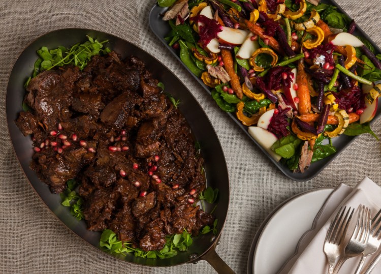 Brisket with Leeks and Pomegranate Molasses and Honeyed Carrot Salad with Squash and Roasted Garlic Vinaigrette both have ingredients that are meaningful for Rosh Hashanah.