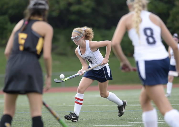 Sophia McGrath, who scored a first-half goal for Yarmouth, carries the ball down the field against Cape Elizabeth. The Clippers improved their record to 6-1 and dropped the Capers to 2-4.