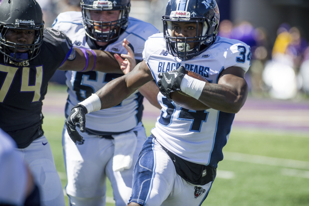 Maine running back Josh Mack runs against James Madison on Sept. 23. Mack leads the nation with an average of 133.5 rushing yards per game.