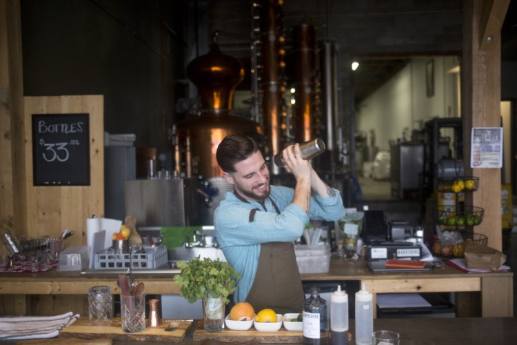 Travis Gauvin, assistant distiller at Hardshore Distilling, makes the Tweed Jacket with butternut squash, peaches and honey, ingredients he hopes will bring to mind a stroll through a farmers market.