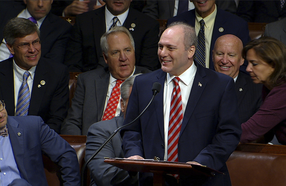 Rep. Steve Scalise speaks on the House floor Thursday, more than three months after a shooting left him fighting for his life.