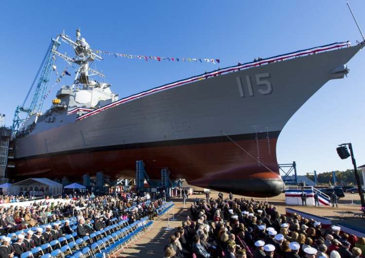 The U.S.S. Rafael Peralta shown in 2015 at Bath Iron Works, is an Arleigh Burke class destroyers.