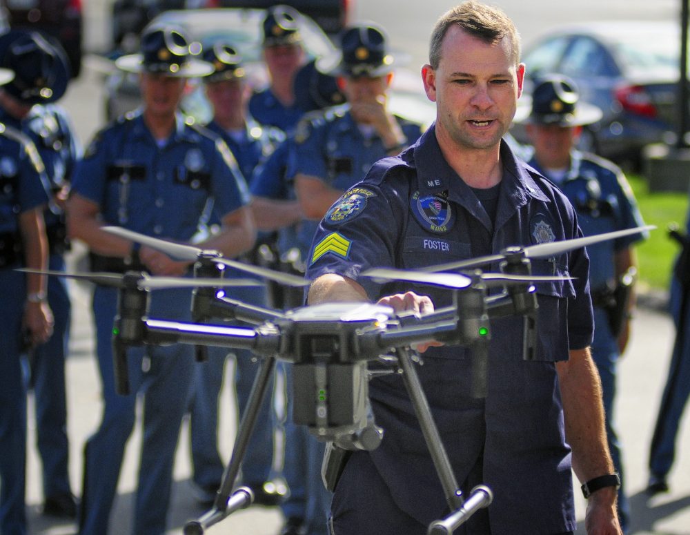 Maine State Police Sgt. Darren Foster talks about the automatic collision avoidance system on a drone Thursday in Augusta.