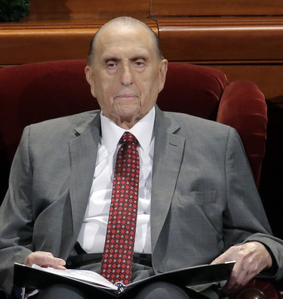 Thomas Monson, president of the Church of Jesus Christ of Latter-day Saints, in April. Mormon church conference in Salt Lake City. Monson won't attend this weekend's church conference in Salt Lake City due to his ailing health--church authorities confirmed Thursday, Sept. 28, 2017, that the 90-year-old Monson will miss the twice-yearly conference and referred to church's May, 2017, statement that Monson is no longer coming to meetings at church offices regularly because of limitations related to his age.(AP Photo