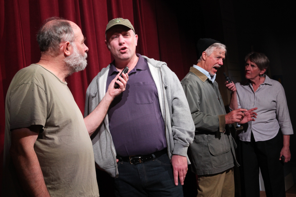 Actors portraying Portland leaders express their aspirations for solutions on homelessness and poverty in the city, during a rehearsal of "Anything Helps God Bless." From left are Nick P. Soloway, Pat Scully, Harlan Baker, Bob Pettee, Cathy Counts, Eric Norgaard, Rene Goddess Johnson, Eric Darrow Worthley, Tom Handel, Patricia Mew, Mary Randall.