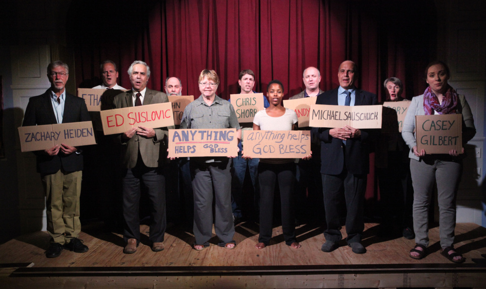 Actors portraying Portland leaders express their aspirations for solutions on homelessness and poverty in the city, during a rehearsal of "Anything Helps God Bless." From left are Nick P. Soloway, Pat Scully, Harlan Baker, Bob Pettee, Cathy Counts, Eric Norgaard, Rene Goddess Johnson, Eric Darrow Worthley, Tom Handel, Patricia Mew and Mary Randall.