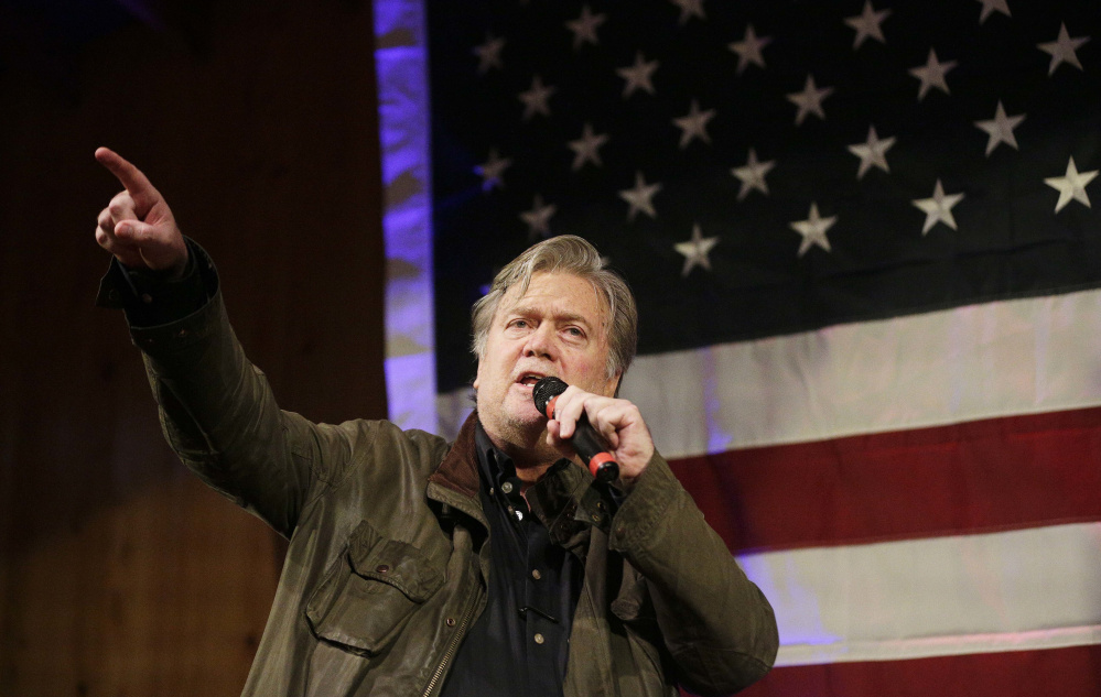 Former White House strategist Steve Bannon speaks at a rally for U.S. Senate hopeful Roy Moore on Monday in Fairhope, Ala. Bannnon is leading the charge against mainstream Republicans who have failed to embrace his nationalist agenda.