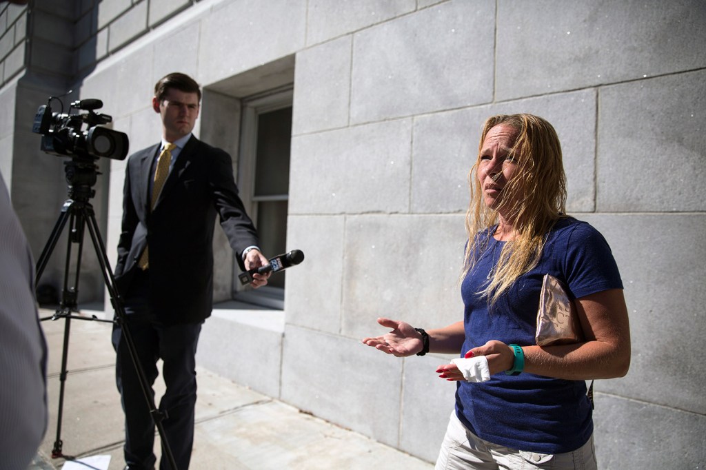 Jennifer Libby, niece of Sharon Crawford, speaks to reporters Friday at the Cumberland County Courthouse after Natasha Field, 32, was granted $2,500 bail. Field is charged with aggravated leaving the scene of a motor vehicle accident after allegedly hitting and killing Crawford. Libby said Field's bail was set too low.