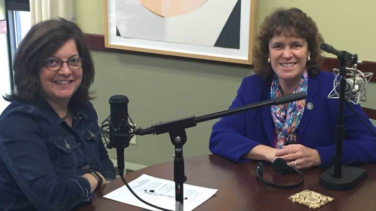 Portland Press Herald President and C.E.O. Lisa Desisto (l) and Laurie Lachance, President of Thomas College, record a podcast episode at the college in Waterville.