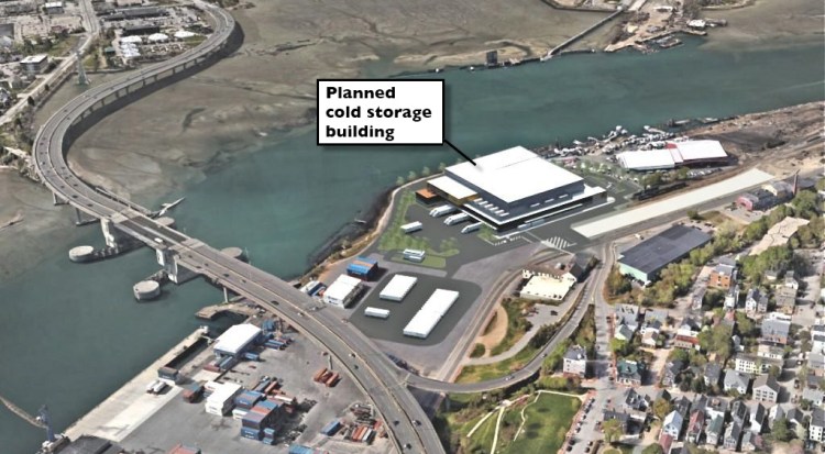 This rendering shows the planned cold-storage facility west of the Casco Bay Bridge.