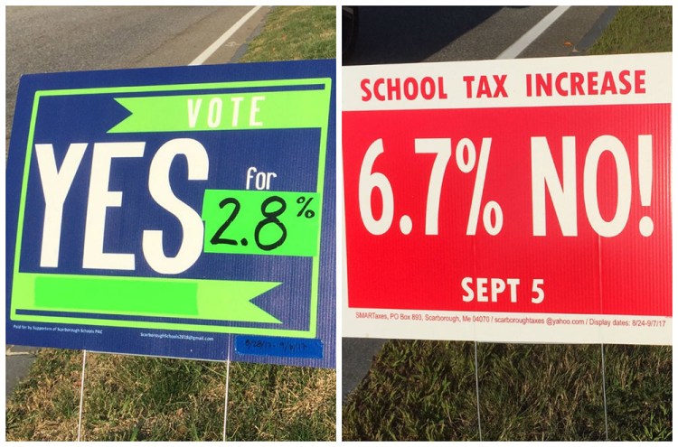 Campaign signs along Route 1 illustrate the deep divide in Scarborough as voters prepare to go to the polls for the third time on the 2017-18 school budget.