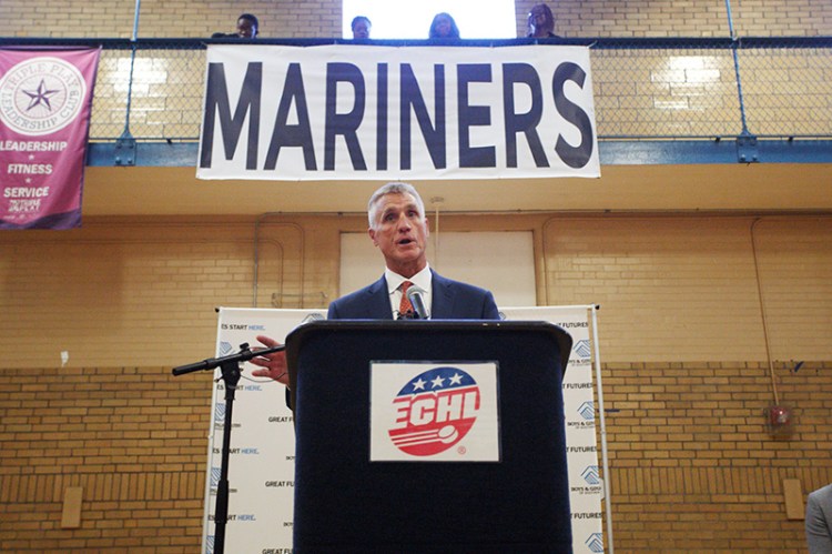 Paul Holmgren, president of the newly named Maine Mariners, speaks Sept. 29 after announcing the name of the ECHL team during a press conference. On Wednesday, the team will unveil its logo.