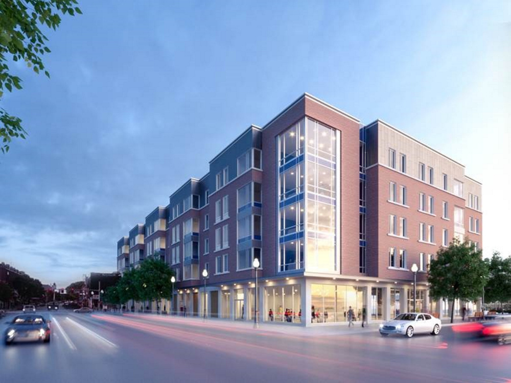 An artists' rendering by Ayers Saint Gross of Baltimore shows what a proposed Colby College residential complex would look like on Main Street in downtown Waterville.