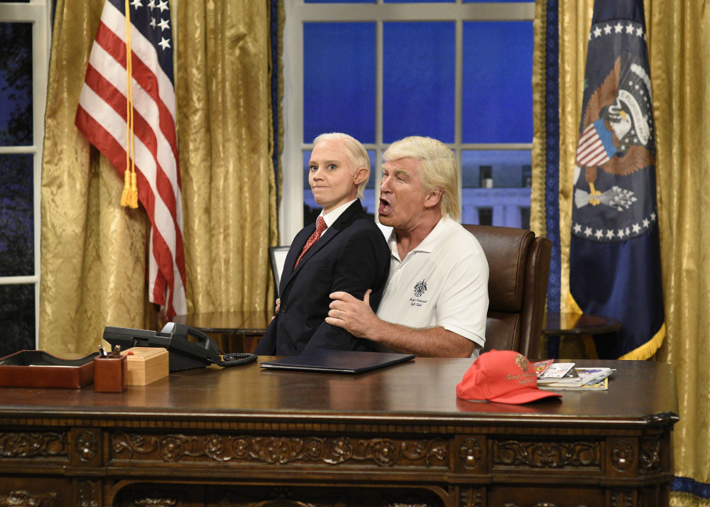 Kate McKinnon portrays Attorney General Jeff Sessions, left, and Alec Baldwin portrays President Trump during the cold open for season kickoff of "Saturday Night Live."