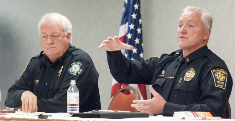 The Portland Fire Department's Deputy Chief Terry Walsh, left, and Falmouth police Lt. John Kilbride were on a panel for the Maine Municipal Association convention discussion on opioids Wednesday at Augusta Civic Center.