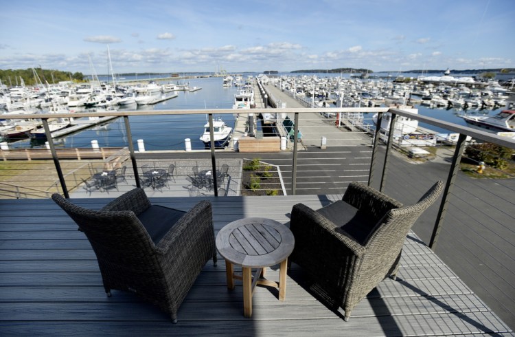 The outdoor seating at North 43 offers panoramic views of Spring Point Marina and the Fore River.