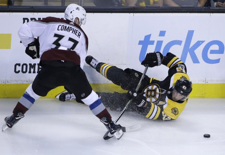 Colorado left wing J.T. Compher, left, and Boston left wing Brad Marchand vie for control of the puck as Marchand hits the ice in the third period Monday in Boston. The Avalanche won 4-0.