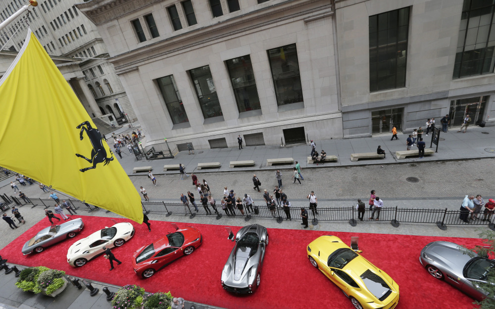 Ferraris are lined up in front of the New York Stock Exchange on Monday, as Ferrari is celebrating its 70th anniversary. Stock trading was light because of the Columbus Day holiday in the U.S. Bond trading was closed.