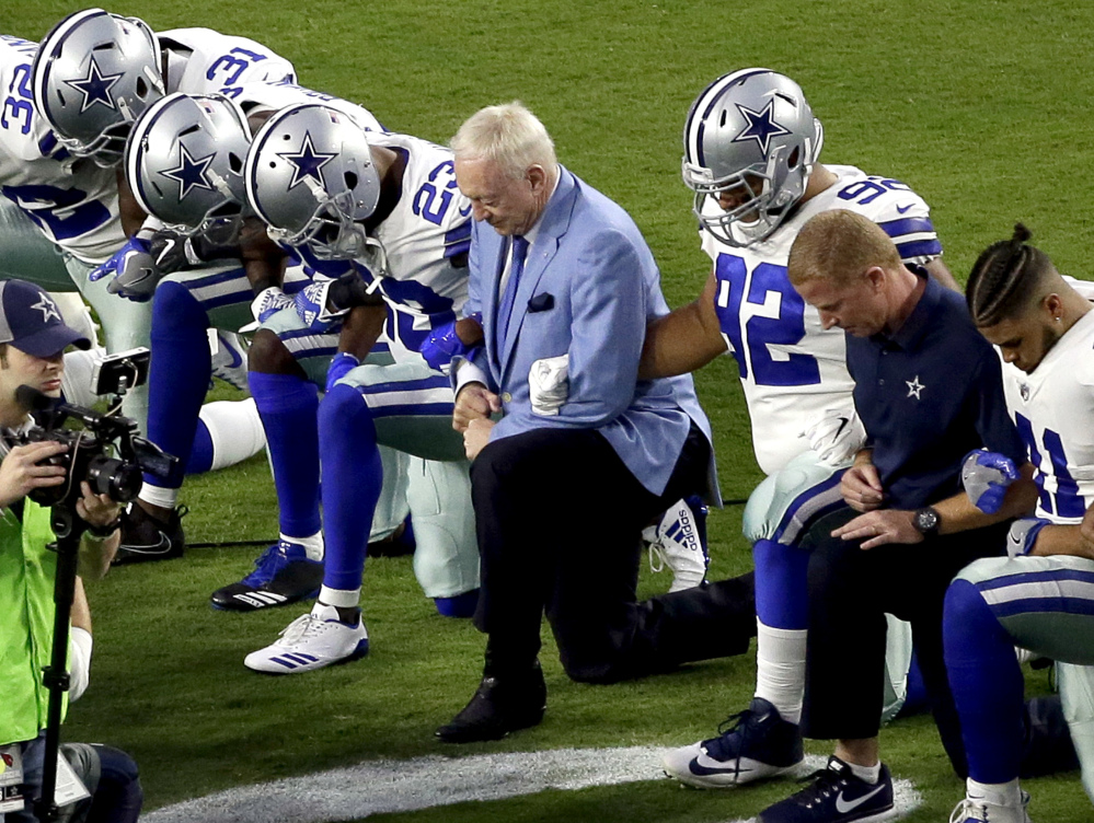 Two weeks after he joined his players kneeling before the national anthem for a game against the Arizona Cardinals, Dallas Cowboys owner Jerry Jones said that players who disrespect the flag would not play for his team.